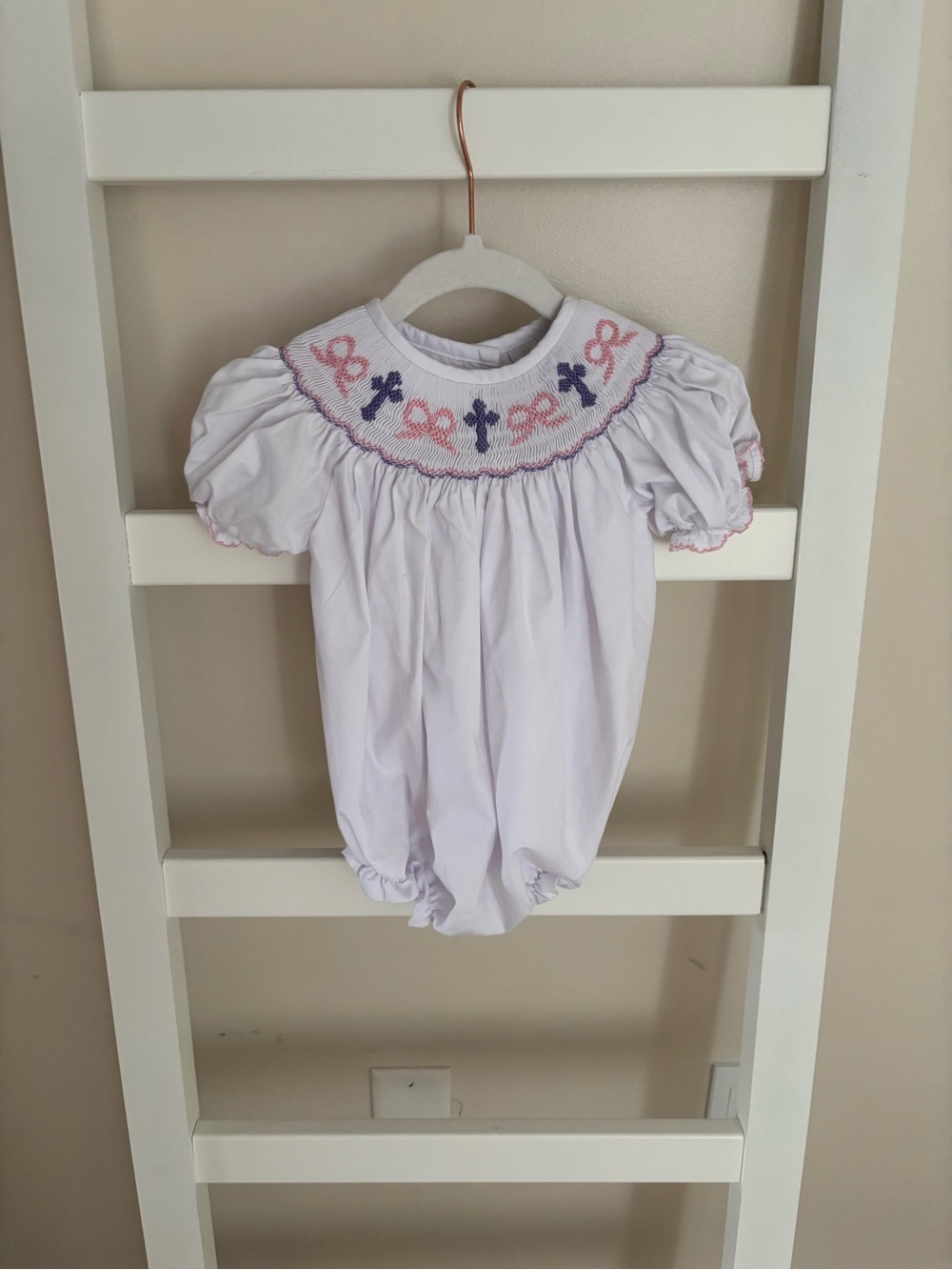 White Smocked Baby Bubble Romper with Pink & Purple Accents